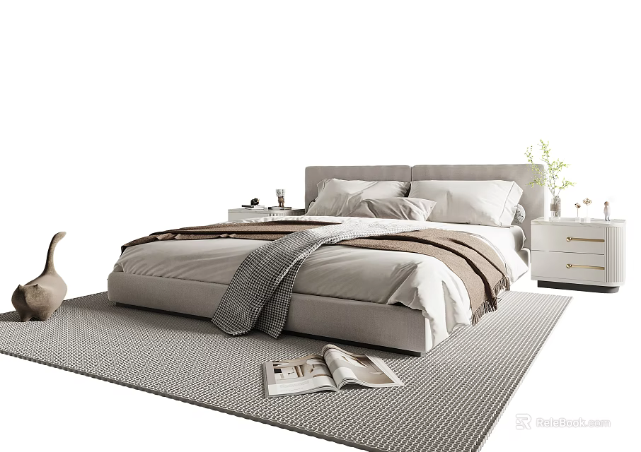 Modern Double Bed Interior With Bedside Tables Plant And Magazines On Rug 3d model 