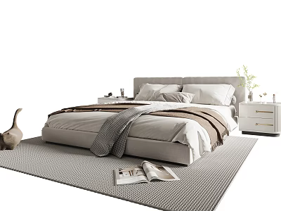 Modern Double Bed Interior With Bedside Tables Plant And Magazines On Rug 3d model