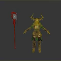 Nature Inspired Antlered Female Druid In Green Outfit With Wooden Magic Staff And Glowing Orb