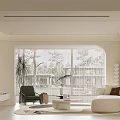 Modern Living Dining Room Interior With TV Sofa Green Plants Large Windows And Round Rug