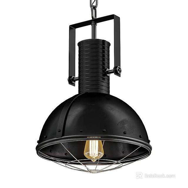 Black Metal Pendant Light With Domed Shade And Grid Design For Vintage Industrial Interior 3d model 