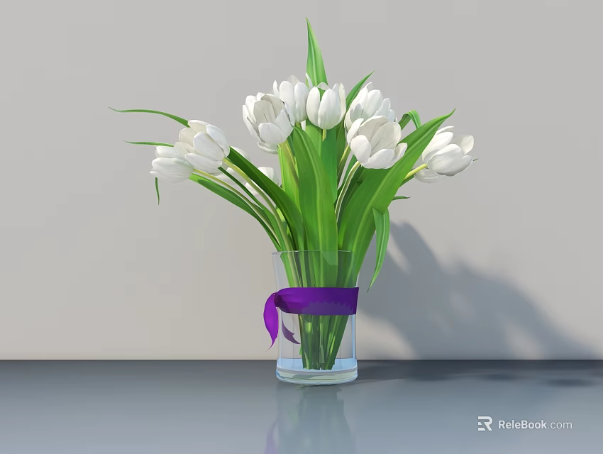 White Tulips in Transparent Glass Vase With Purple Ribbon on Gray Tabletop 3d model 