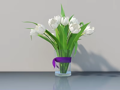 White Tulips in Transparent Glass Vase With Purple Ribbon on Gray Tabletop 3d model