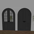 French Vintage Arched Black Double Doors with Glass Panels and Brass Handles