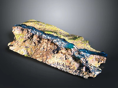 Detailed Natural Terrain Model Showcasing Mountainous Rock Formations River And Lush Vegetation 3d model