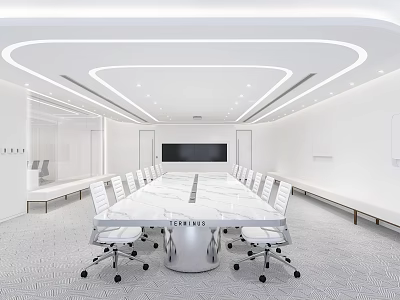 Modern Conference Room Featuring White Long Table Ergonomic Chairs Large Screen And Ceiling Light Strips 3d model
