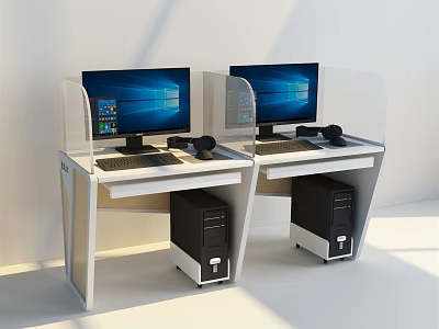 Modern Office Desks With Computer Monitors Keyboards Mice Headphones And Transparent Dividers 3d model