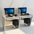 Modern Office Desks With Computer Monitors Keyboards Mice Headphones And Transparent Dividers