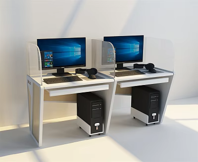 Modern Office Desks With Computer Monitors Keyboards Mice Headphones And Transparent Dividers 3d model