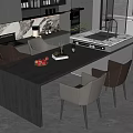 Modern Kitchen Bar Counter Area With Dark Countertop Stylish Chairs And Fruit Decor Items