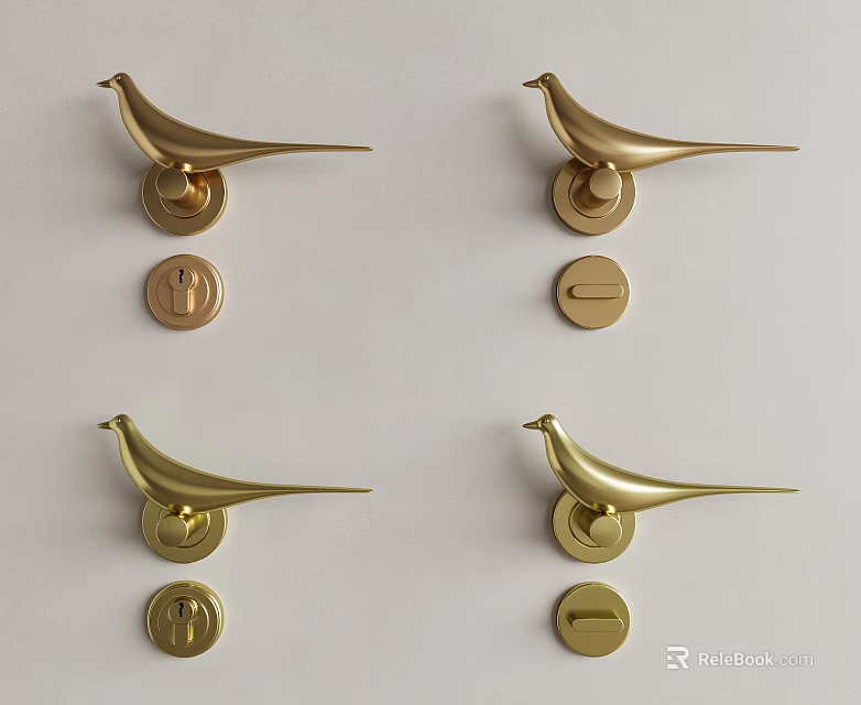 Stylish Golden Bird Shaped Door Handles with Round Knobs on White Surface 3d model 