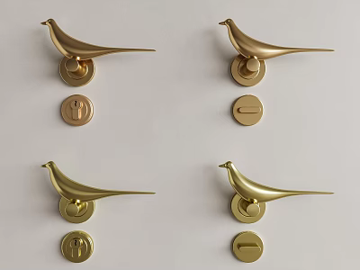 Stylish Golden Bird Shaped Door Handles with Round Knobs on White Surface 3d model