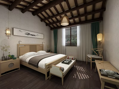 Traditional Chinese Hotel Guest Room With Wooden Furniture Green Curtains And Decorative Painting 3d model