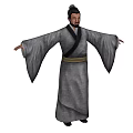Man in Traditional Ancient Robe With Wide Sleeves Gold Waistband Topknot Standing Arms Outstretched