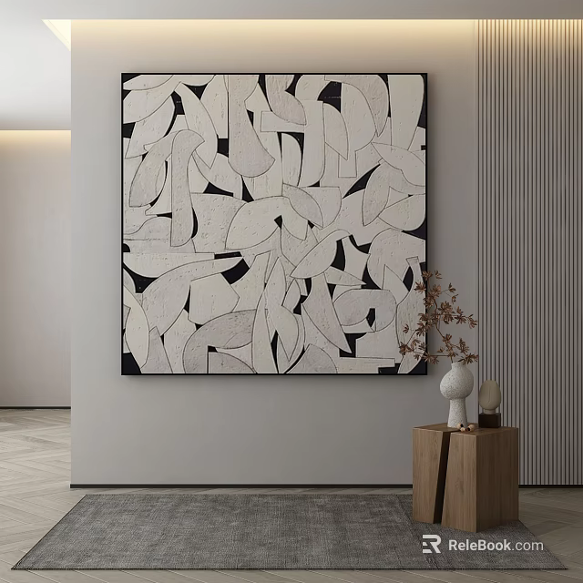 Modern Interior With Abstract Wall Art Decorative Vases And Wooden Table 3d model 