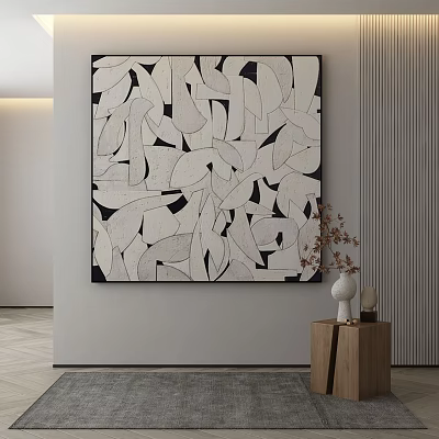 Modern Interior With Abstract Wall Art Decorative Vases And Wooden Table 3d model
