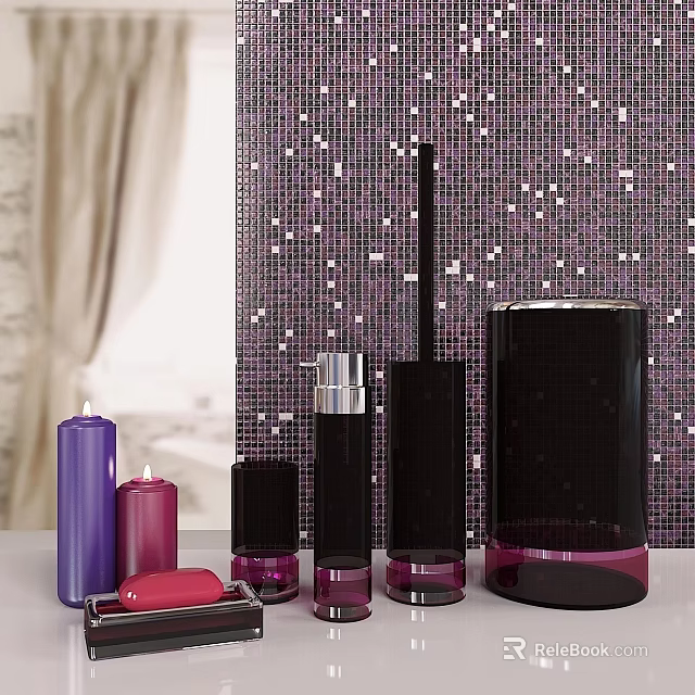 Elegant Black Purple Perfume Cosmetics Bottles On Countertop With Mosaic Wall 3d model 