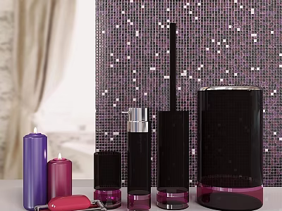 Elegant Black Purple Perfume Cosmetics Bottles On Countertop With Mosaic Wall 3d model