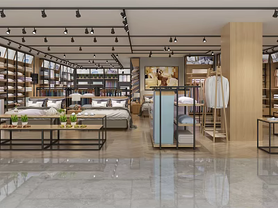 Modern Home Store Featuring Bedroom Bedding Clothing Display Shelves And Lighting 3d model