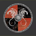 Red And Black Medieval Shield With Silver Rivets And White Dragon Designs