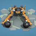 Orange Mechanical Device With Multiple Wheels And Complex Structure On Blue Background With Geometric Base 3d model
