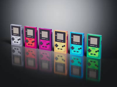 Retro Handheld Game Consoles In Various Colors Arranged In A Row Showcase 3d model