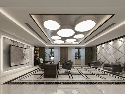 Elegant Office Interior Design With Round Ceiling Lights Wooden Desk Leather Sofa And Geometric Floor 3d model