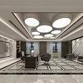 Elegant Office Interior Design With Round Ceiling Lights Wooden Desk Leather Sofa And Geometric Floor