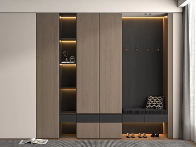 Modern Wooden Shoe Cabinet With Lighted Shelves Black Accents Hooks And Seating Bench 3d model