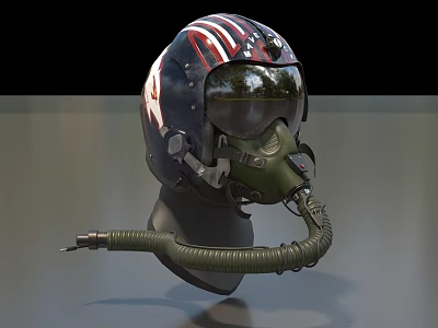 Military Weapon Helmet With American Flag Design Face Mask And Breathing Tube Displayed On Stand 3d model