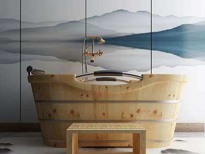 Rustic Wooden Bathtub with Golden Faucet and Mountain Landscape and Side Bench 3d model