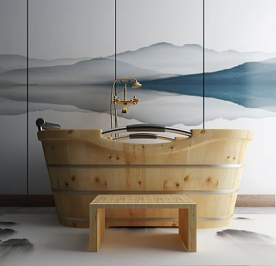 Rustic Wooden Bathtub with Golden Faucet and Mountain Landscape and Side Bench 3d model