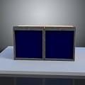 Two Blue Screens Side by Side Placed On White Platform With Gray Background