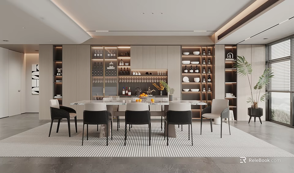 Modern Restaurant Interior With Dining Tables Chairs Wine Racks Dish Racks And Plants 3d model 