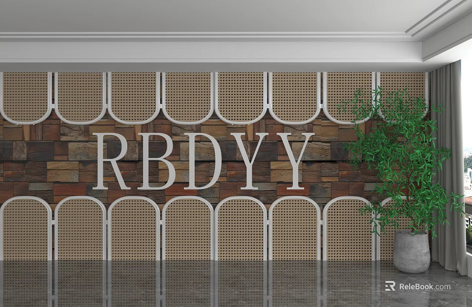 Decorative Interior Wall With Wicker Panels Stone Texture RBDYY Letters And Green Plant 3d model 