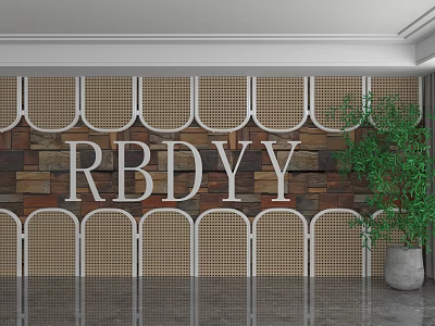 Decorative Interior Wall With Wicker Panels Stone Texture RBDYY Letters And Green Plant 3d model