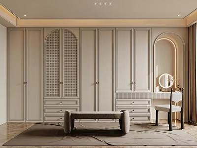Elegant Cream White Light French Full Wall Wardrobe With Built In Dressing Table Design 3d model