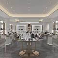 Modern Elegant Shoe Store Interior With Various Shoes Display White Gold Decor Round Center Table 3d model