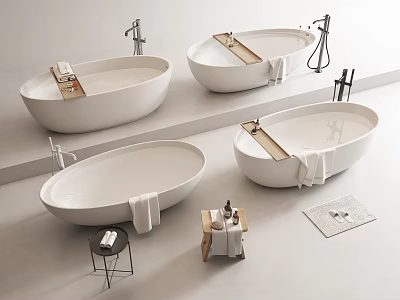 Modern Oval Bathtub Designs With Towels Side Tables And Bath Products In Contemporary Bathroom Showroom 3d model