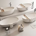 Modern Oval Bathtub Designs With Towels Side Tables And Bath Products In Contemporary Bathroom Showroom