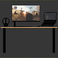 Modern Gaming Desk Setup With Monitor Laptop Headphones Keyboard And Gaming Screen