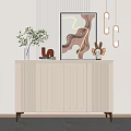 Modern White Entryway Console Cabinet With Vertical Lines And Decorative Items 3d model
