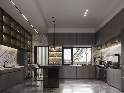 Modern Kitchen Interior With Dark Cabinets Marble Countertops Central Island And Pendant Lighting 3d model