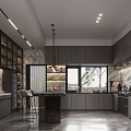 Modern Kitchen Interior With Dark Cabinets Marble Countertops Central Island And Pendant Lighting
