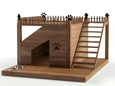 Wooden Pet House Design With Ladder Fence Paw Prints And Bowls 3d model