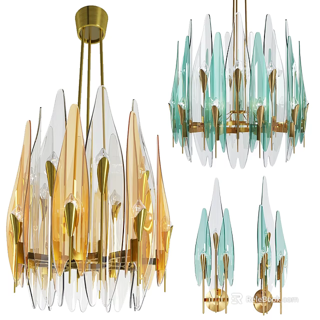 Modern Gold and Green Glass Leaf Shaped Chandeliers with Elegant Interior Design 3d model 