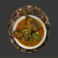 Delicious Curry Fish In White Bowl With Spicy Sauce And Fresh Cilantro On Marble Tray