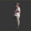 Man with Beard and Hat Wearing Light Shirt and Pants Holding Cane in Gray Background