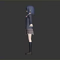Anime Game Movie Character With Blue Hair Purple Coat Pink Bow Tie And Plaid Skirt