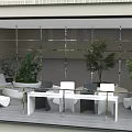 Modern Lounge Area With Large Windows Urban Skyline Greenery And White Seating Circular Planters